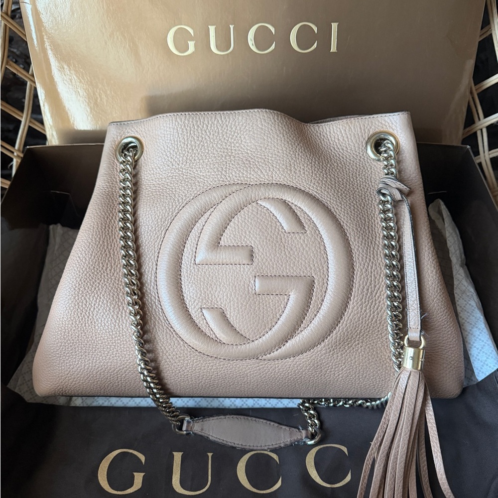 Gucci Soho Leather Chain Tote Bag Beige with Dustbag and box